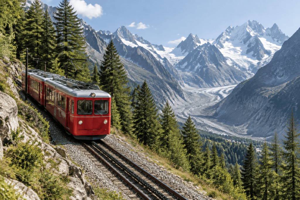 Un train rouge à crémaillère circule sur une voie en pente, au milieu de conifères, face à un glacier et à des sommets enneigés.
