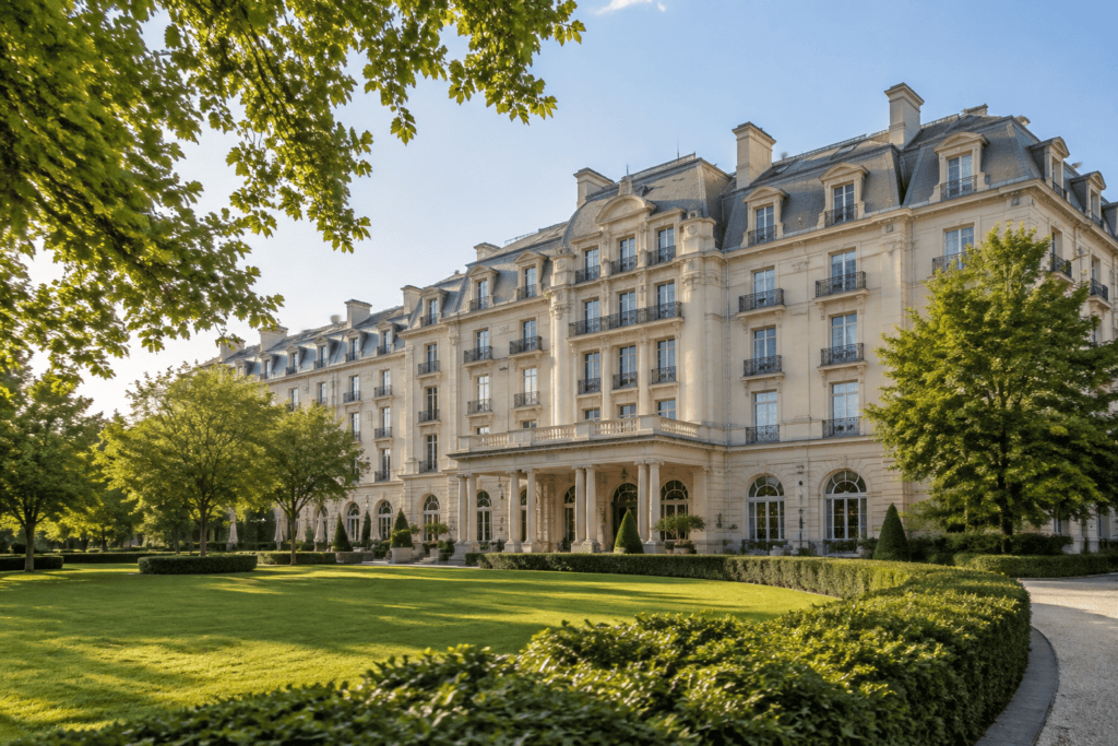 Façade du Waldorf Astoria Versailles – Trianon Palace Grand hôtel en pierre claire aux nombreuses fenêtres et lucarnes, entouré d’arbres et d’un jardin soigné.