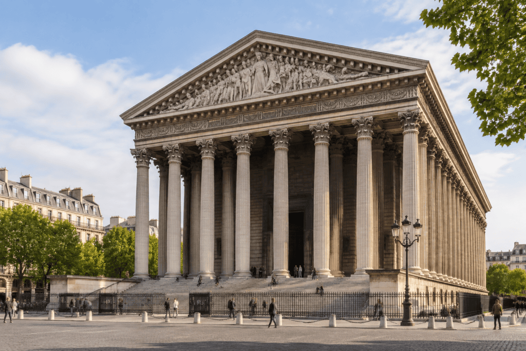 L’église de la Madeleine et sa façade à colonnes vues depuis la place, avec quelques passants au premier plan.