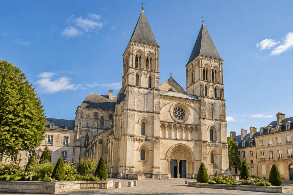 Église en pierre avec deux tours en façade, un portail sculpté et un parvis planté.