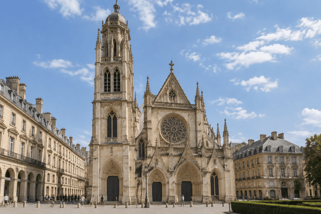 Façade gothique de l’église Saint-Germain-l’Auxerrois, avec son clocher et son parvis.