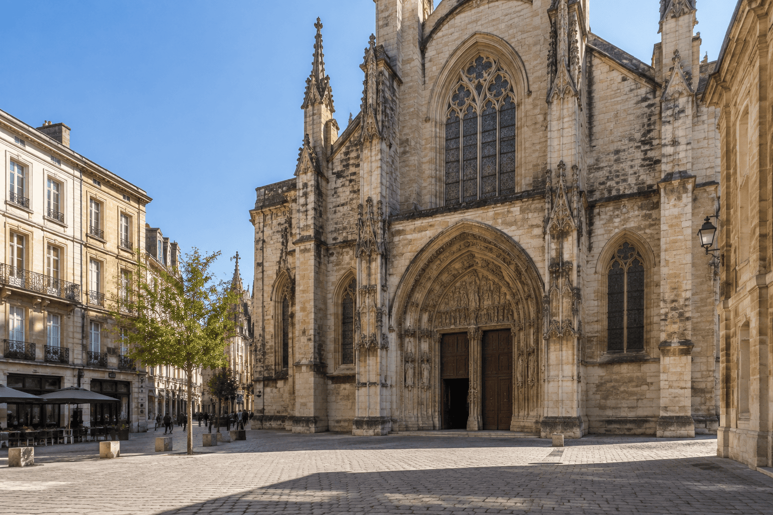 Façade en pierre d’une église gothique donnant sur une place pavée, avec des immeubles et des terrasses à proximité.