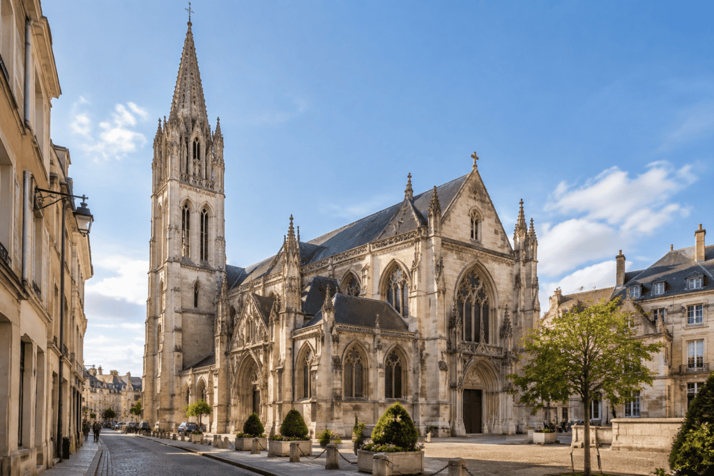 Église gothique en pierre claire, avec une haute flèche ajourée, bordée par des rues et une place arborée.