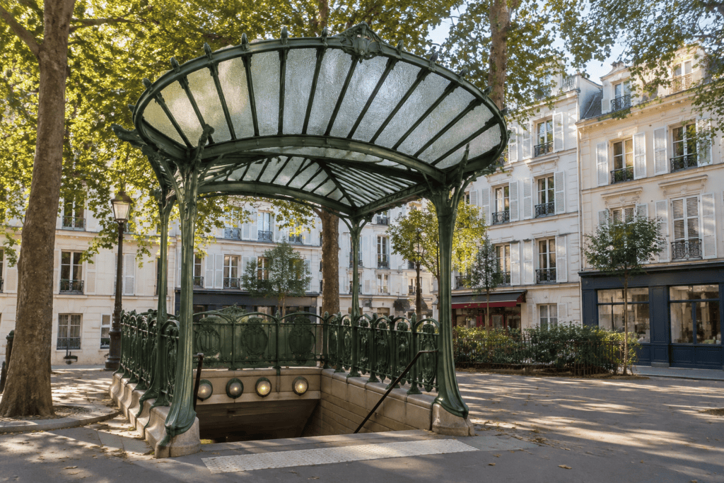 Édicule de métro en fer forgé et verre, entouré d’arbres et d’immeubles parisiens.