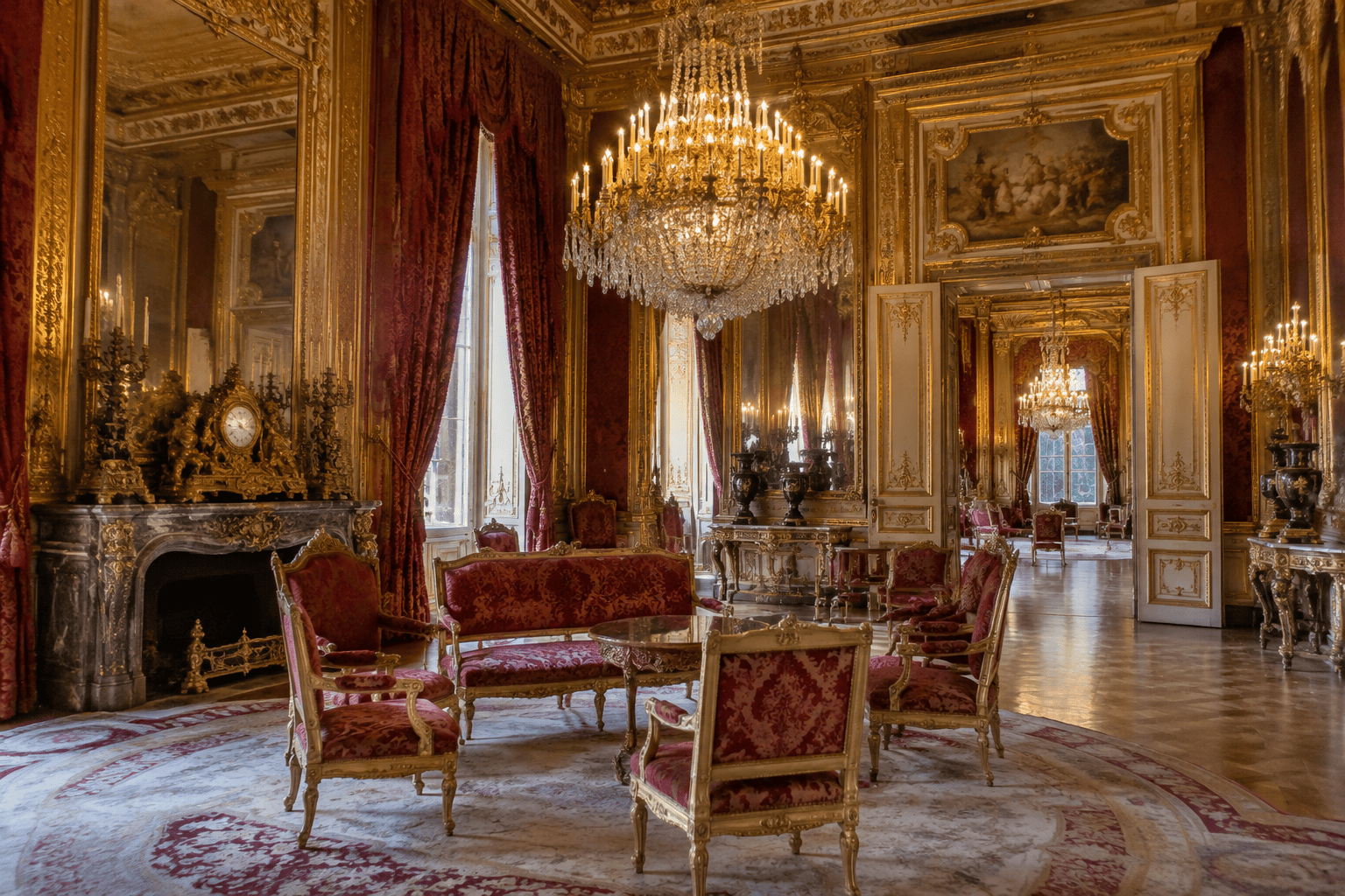 Salon orné de dorures et de miroirs, avec lustre, cheminée, fauteuils et tapis.