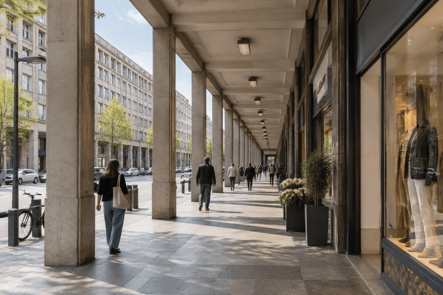 Perspective sous une galerie à arcades en béton, avec des vitrines à droite, des passants et des immeubles de l’autre côté de la rue.