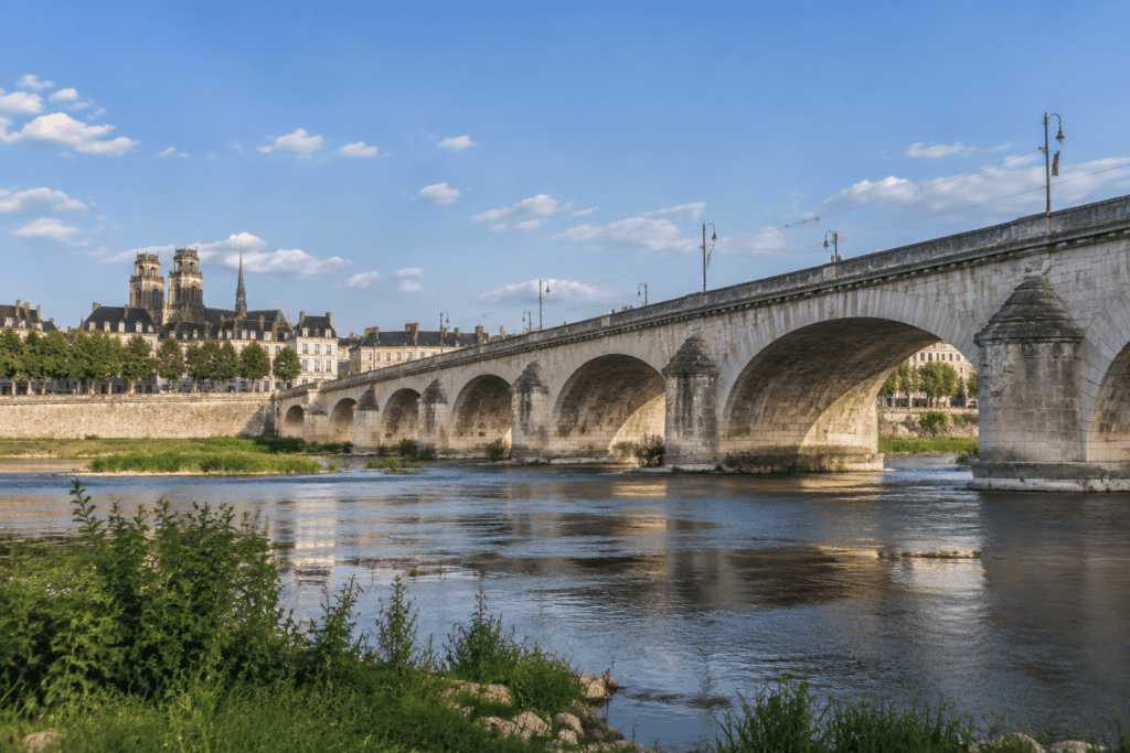 Le pont Wilson et ses arches de pierre traversent la Loire à Tours, avec les quais et des bâtiments de la ville en arrière-plan.