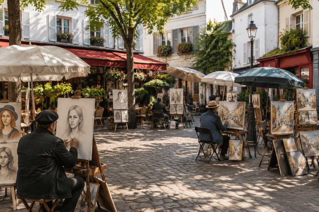 Des artistes peignent à leurs chevalets sur une place pavée bordée de terrasses et de façades.