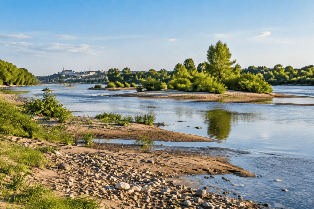 Bancs de sable et petits îlots végétalisés au milieu de chenaux de la Loire, avec une silhouette bâtie lointaine sur la rive.
