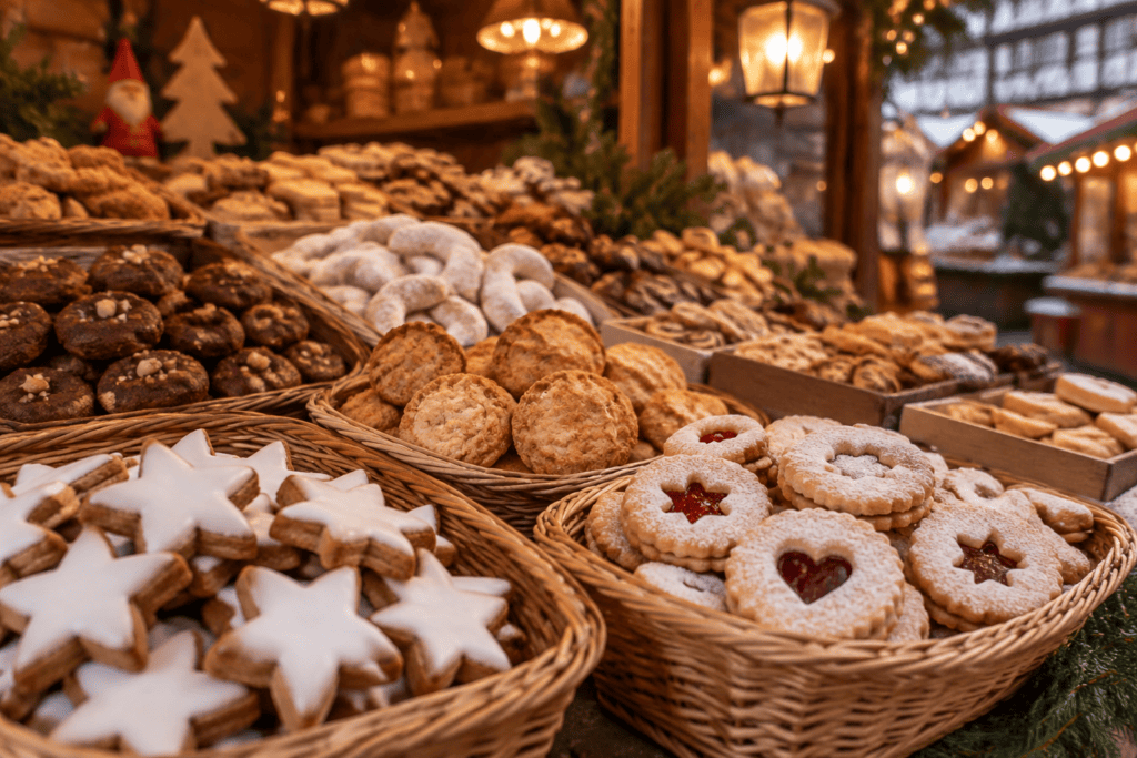 Paniers de biscuits de Noël aux formes variées, dont des étoiles et des sablés à la confiture, sur un étal en bois.