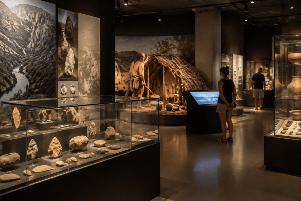 Vitrines de pierres taillées et scène reconstituée dans une salle d’exposition, avec des visiteurs devant un écran de médiation.