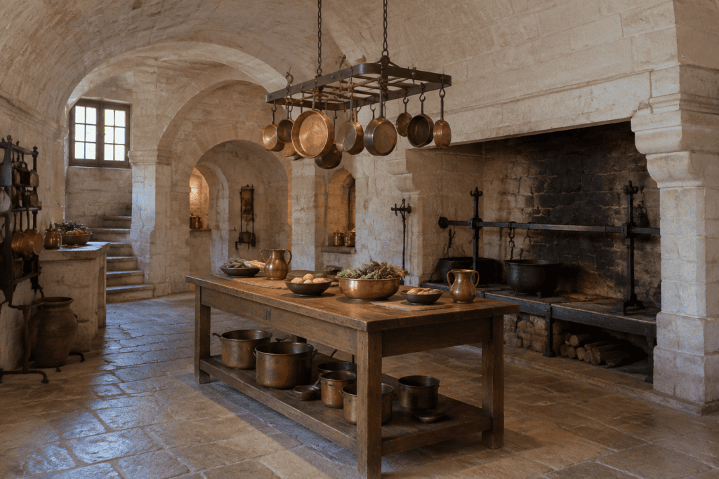 Cuisine voûtée en pierre avec un grand foyer, une table de travail, des récipients et des ustensiles suspendus.