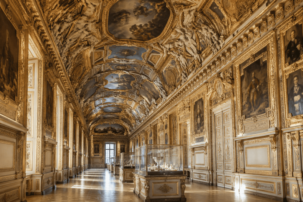 Longue galerie aux murs ornés de panneaux dorés et au plafond peint, avec des vitrines au centre.