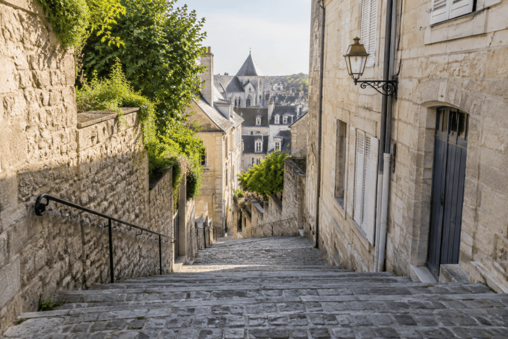 Marches de pierre descendant entre des façades anciennes, avec une rambarde et des toits visibles au loin.