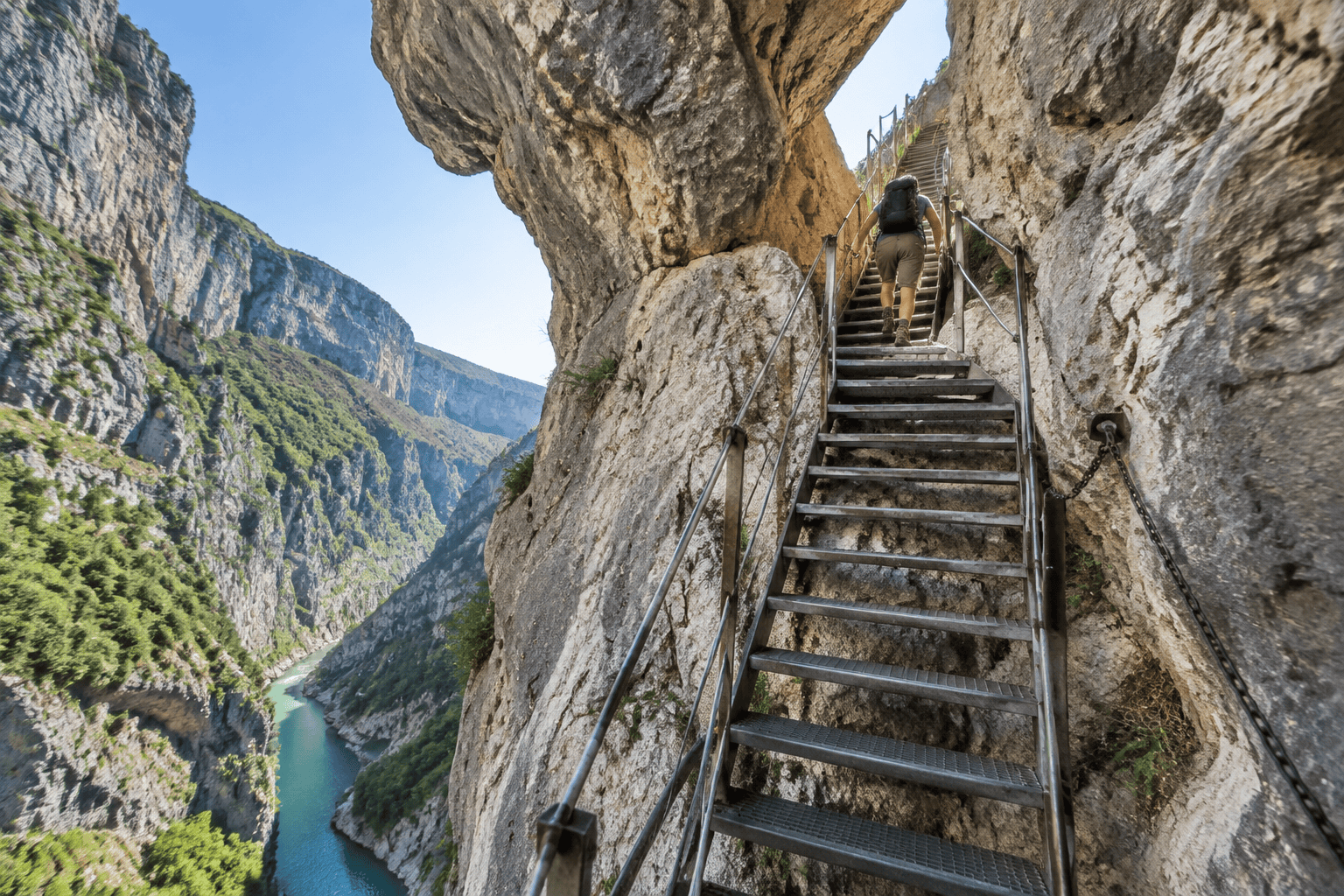 Un randonneur monte un escalier métallique fixé à la roche, avec les gorges et la rivière en contrebas.