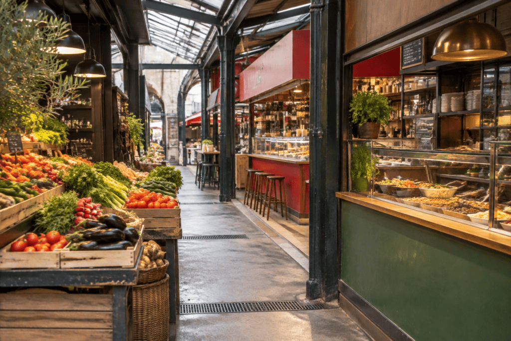 Une allée de marché couverte, bordée d’étals de fruits et légumes et de comptoirs de restauration.