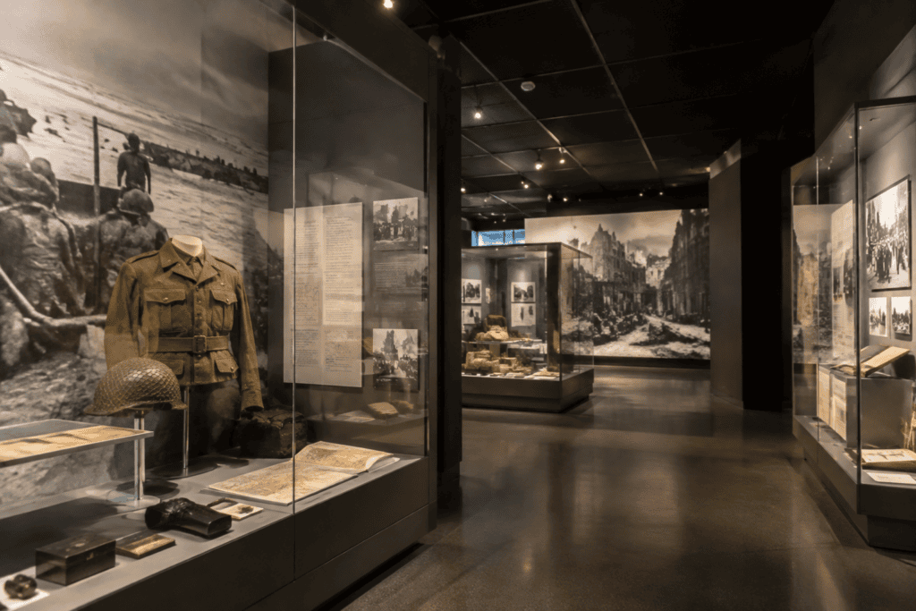 Vitrines présentant un uniforme, un casque et des documents dans une galerie muséale aux murs couverts d’images d’archives.