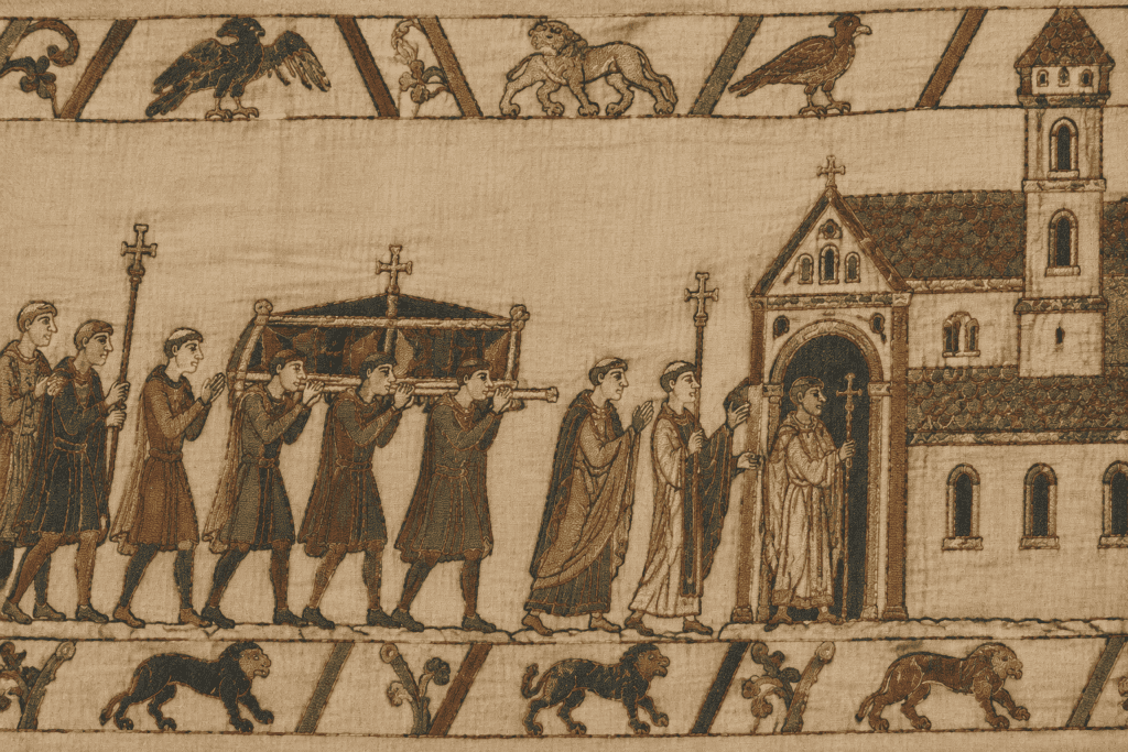 Des personnages portent un cercueil vers une église à tour, dans une scène brodée encadrée de motifs décoratifs.