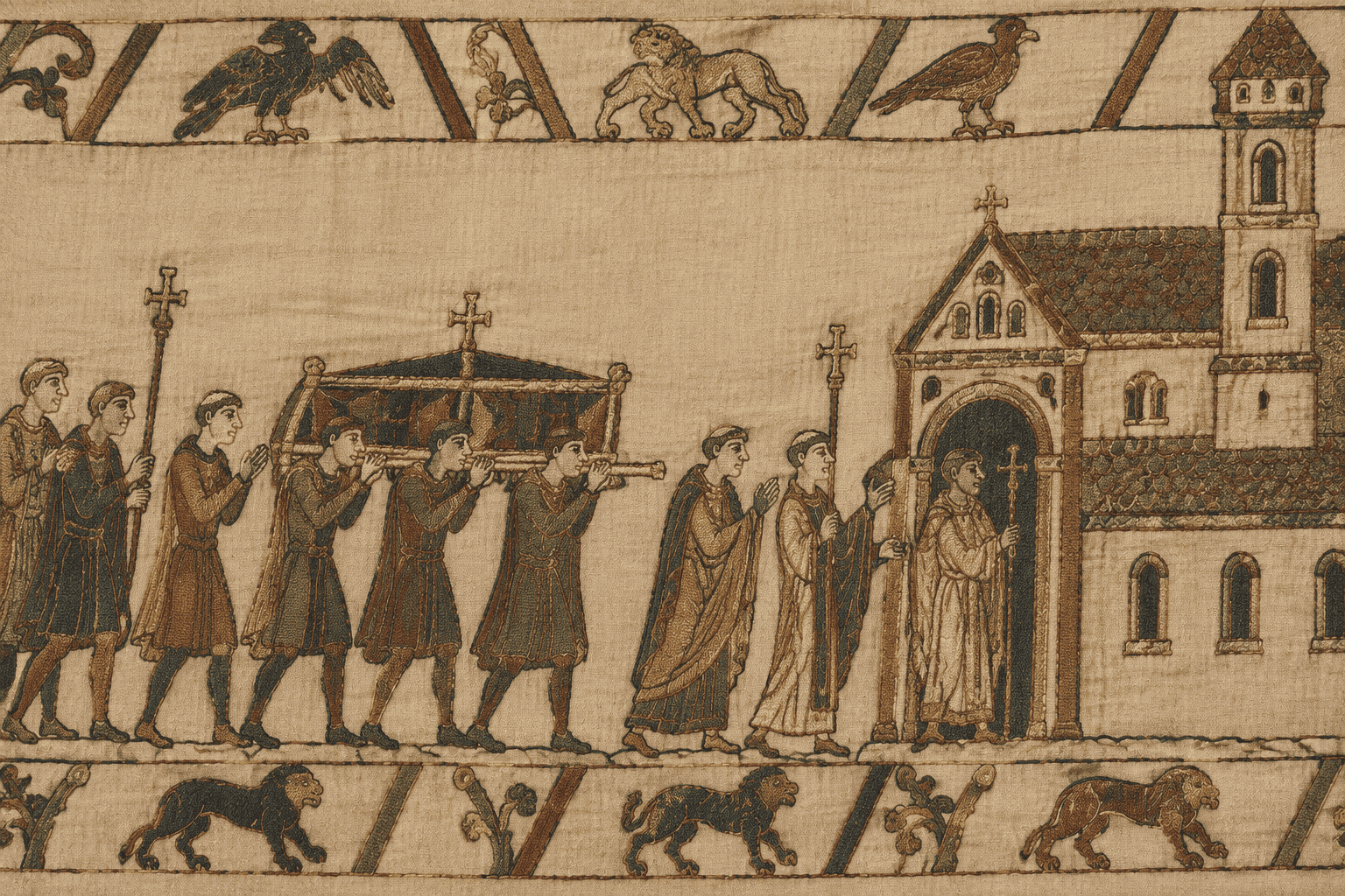 Des personnages portent un cercueil vers une église à tour, dans une scène brodée encadrée de motifs décoratifs.