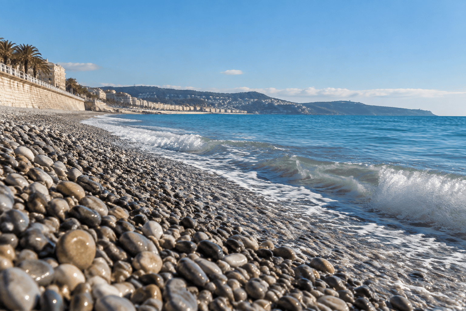 Galets au premier plan et vagues sur une plage de Nice, avec le front de mer et les collines en arrière-plan.