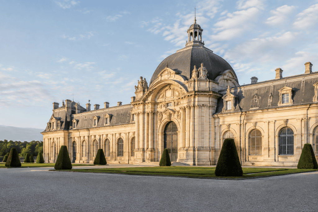 Longue façade en pierre des Grandes Écuries, dominée par un grand dôme, devant une pelouse et une avant-cour dégagée.