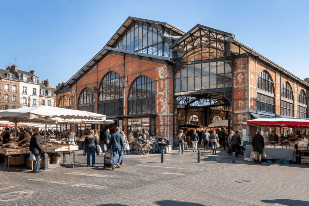 Grande halle en brique rouge et en verre, avec des étals et des visiteurs sur la place devant le bâtiment.