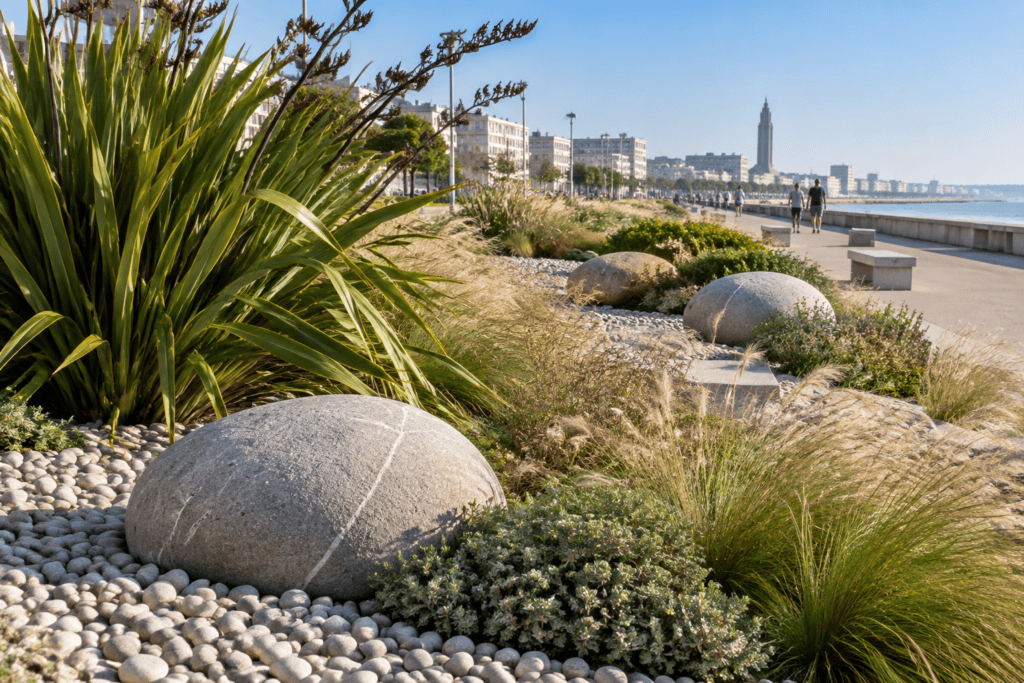 Graminées, plantes à longues feuilles et grandes pierres rondes dans un parterre de galets, près de la promenade du front de mer au Havre.
