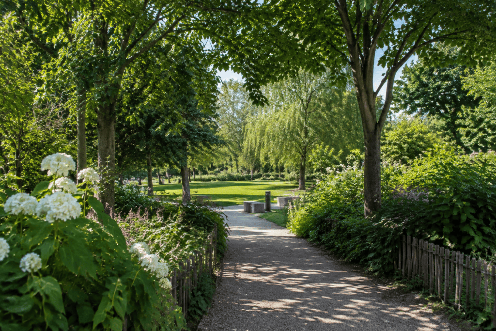Une allée ombragée traverse un jardin bordé de massifs fleuris, d’arbres et d’une pelouse.