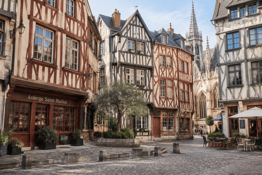 Des maisons à pans de bois bordent une petite place pavée, avec une terrasse de café et une église gothique en arrière-plan.