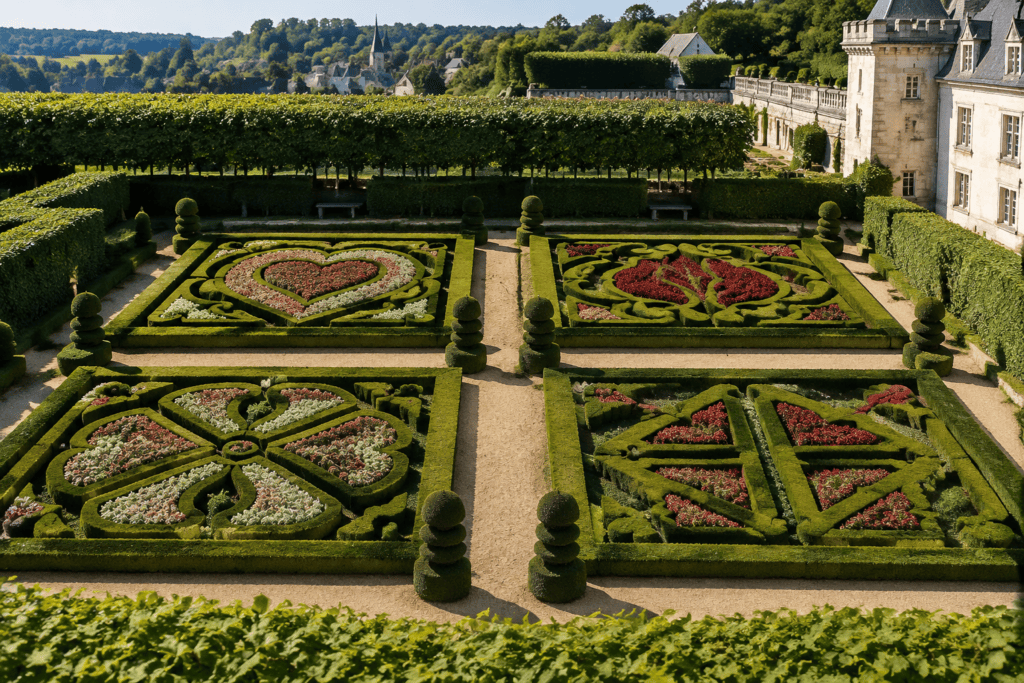 Quatre parterres de buis taillés aux motifs floraux et géométriques, avec le château de Villandry visible à droite.