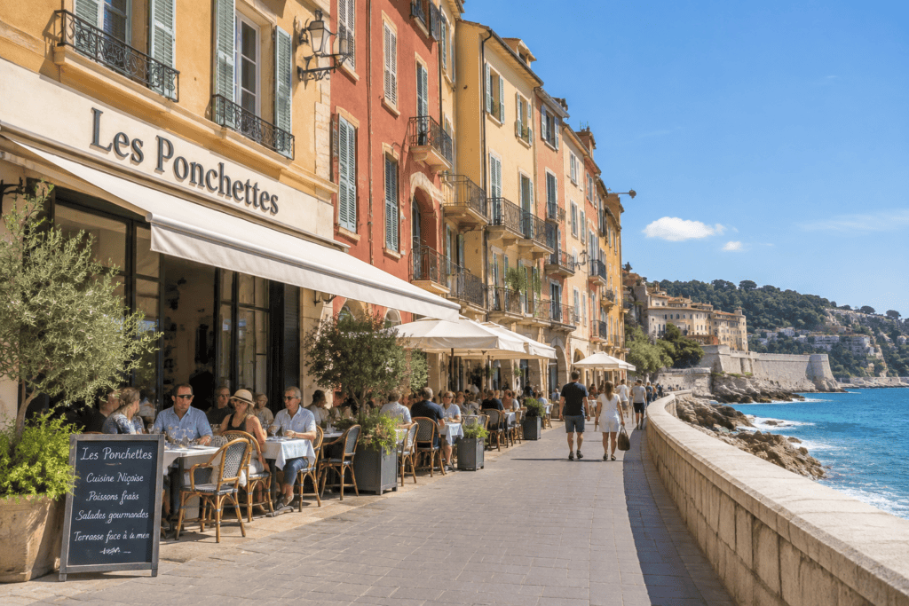 Façades colorées et terrasses de café le long d’un quai piétonnier, avec un parapet de pierre et la mer à droite.