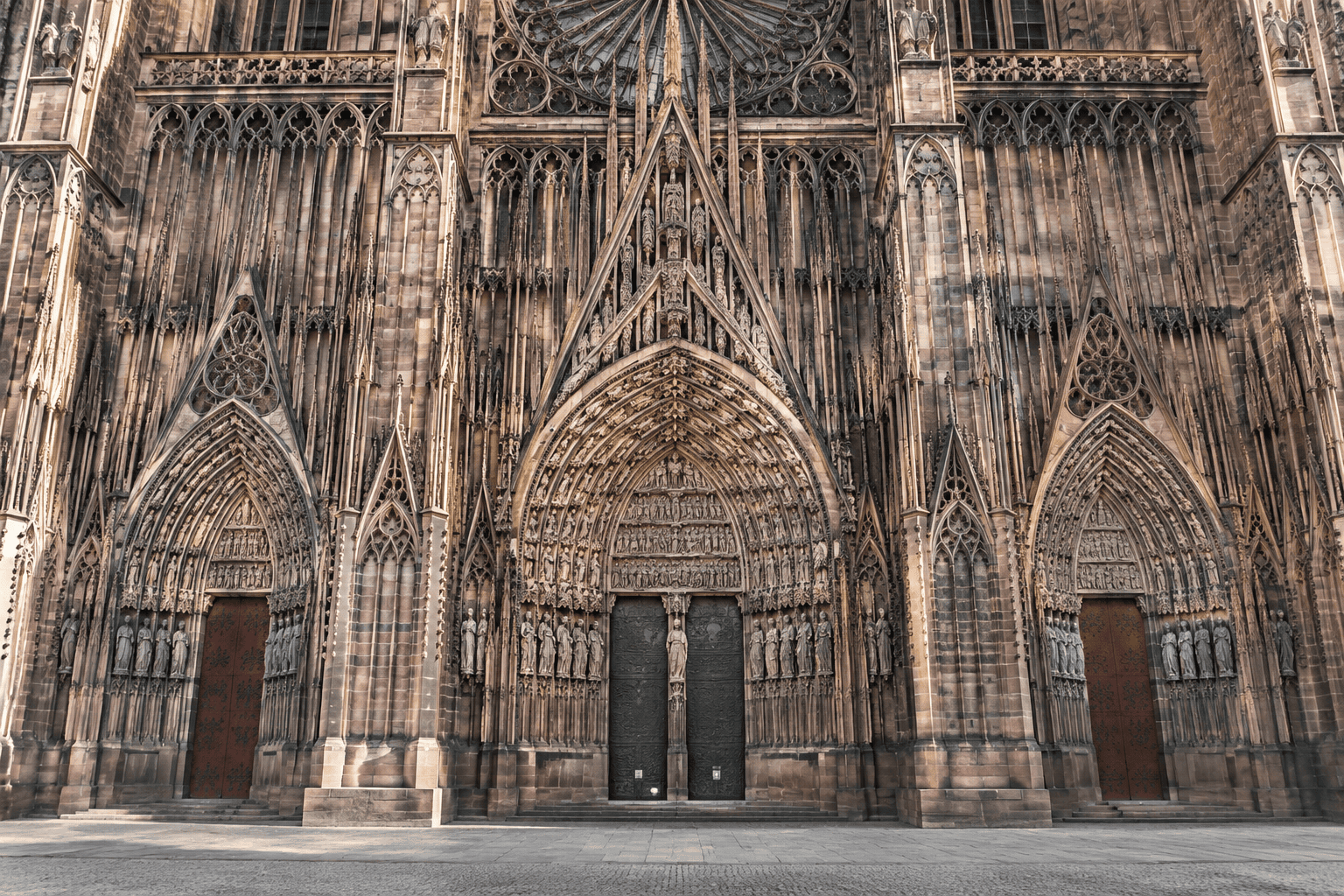 Les trois portails gothiques sculptés de la façade occidentale de la cathédrale Notre-Dame de Strasbourg, avec leurs archivoltes et leurs statues.