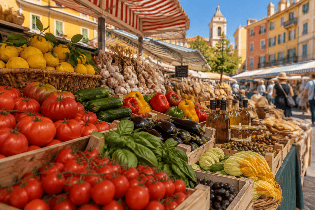 Des paniers de tomates, citrons, légumes et autres produits occupent le premier plan d’étals sous des auvents rayés, avec des façades colorées et un c