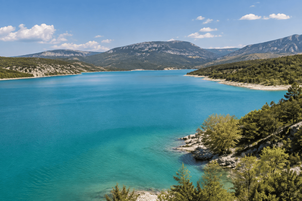 Une vaste étendue d’eau turquoise s’étend entre des rives boisées et des reliefs montagneux.
