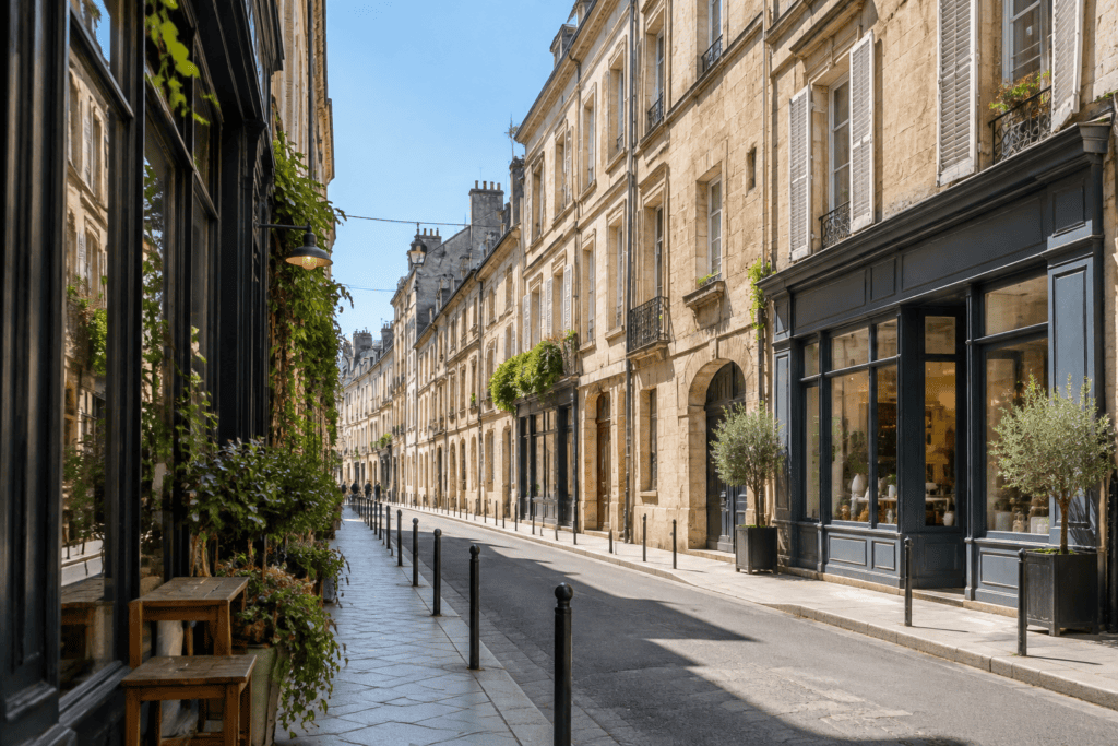 Rue étroite bordée d’immeubles en pierre claire, de devantures et de petits arbres en pots.