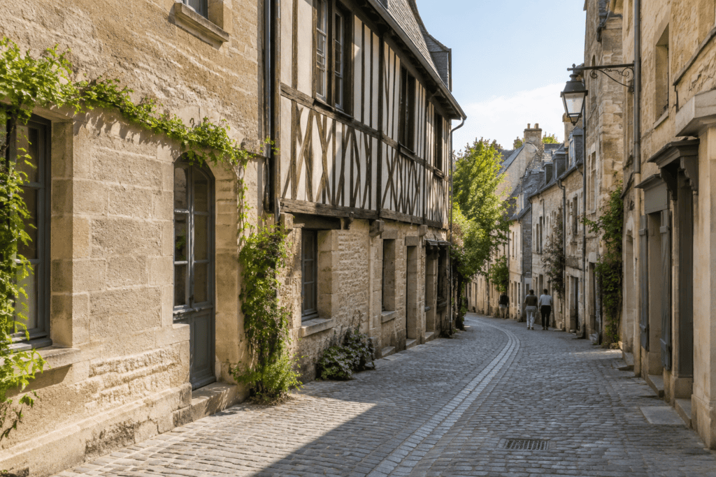 Rue pavée étroite bordée de façades en pierre et à pans de bois, avec quelques passants au loin.