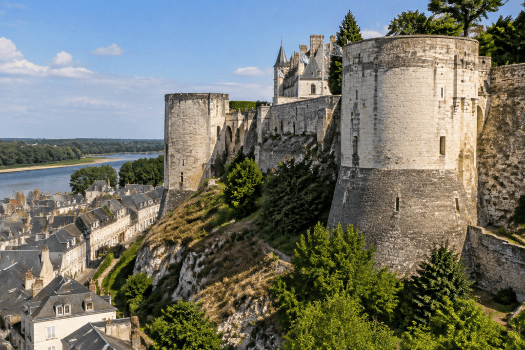 Deux tours rondes en pierre s’élèvent dans les remparts du Château Royal d’Amboise, au-dessus des maisons et de la Loire.