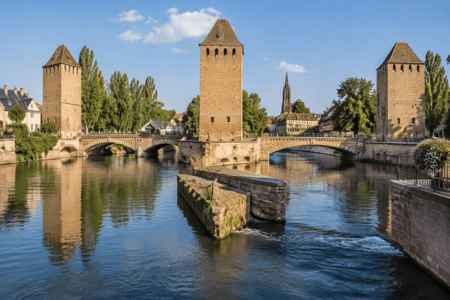 Trois tours carrées reliées par des passerelles de pierre au-dessus des bras de l’Ill, à Strasbourg.