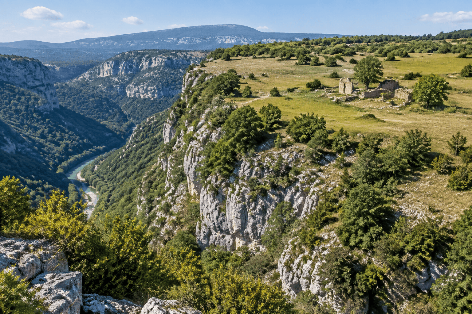 Quelques murs en ruine se dressent sur un plateau herbeux, au bord de falaises dominant une gorge boisée.