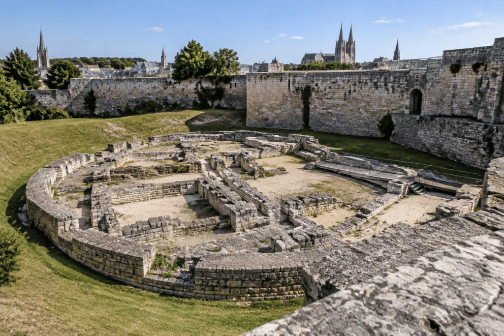 Fondations de pierre mises au jour dans l’enceinte du Château de Caen, entourées d’une pelouse et de remparts.