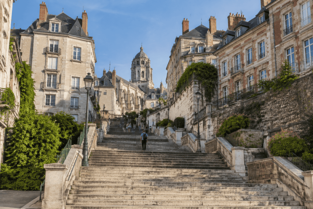 Un large escalier de pierre monte entre les façades anciennes du centre de Blois.