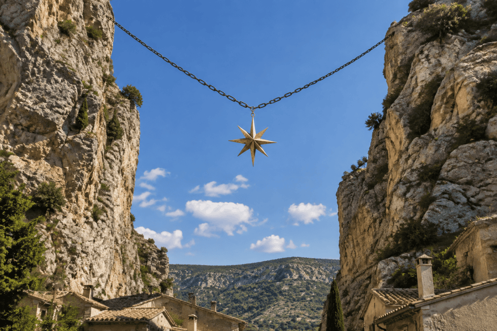 Étoile dorée suspendue par une chaîne entre deux falaises calcaires, au-dessus de quelques toits de village.