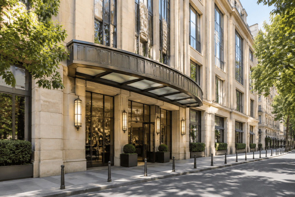 Façade en pierre claire de l’hôtel, avec une entrée vitrée sous un large auvent courbe et une portion de rue.