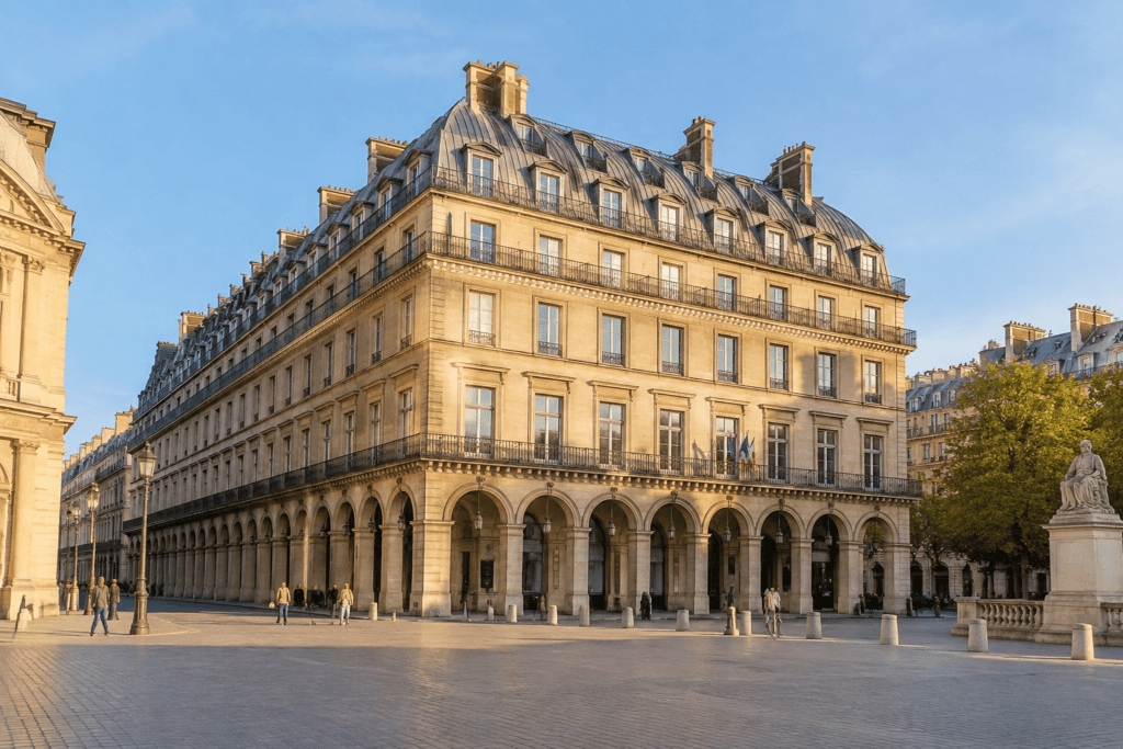 Façade à arcades de l’Hôtel du Louvre donnant sur une vaste place pavée.