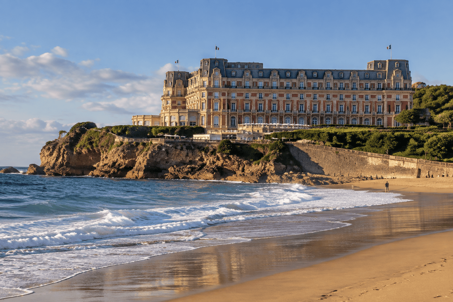 La façade de l’Hôtel du Palais domine une plage de sable, avec les vagues de l’Atlantique au premier plan.