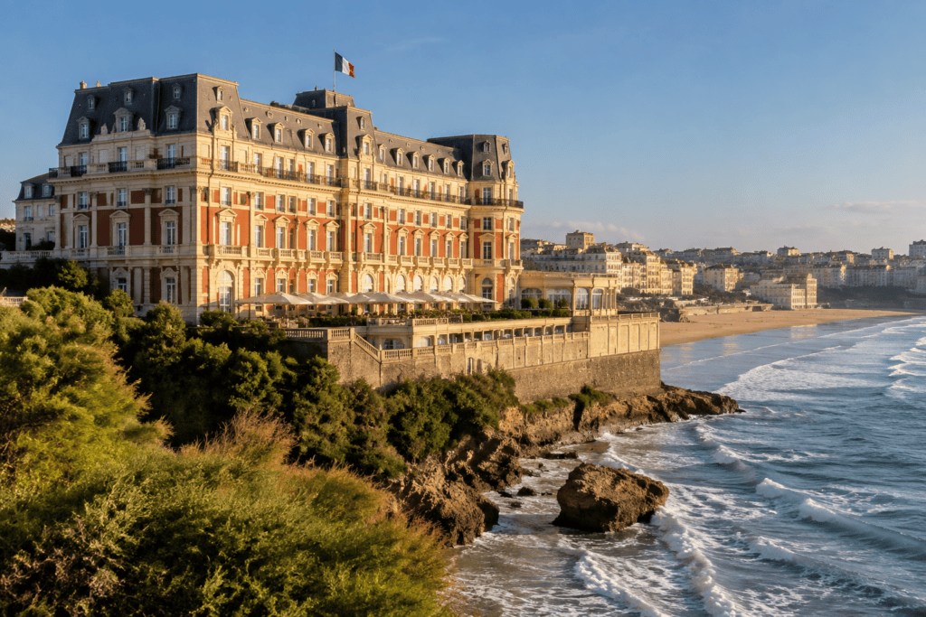 La façade de l’Hôtel du Palais domine les rochers et le front de mer de Biarritz.