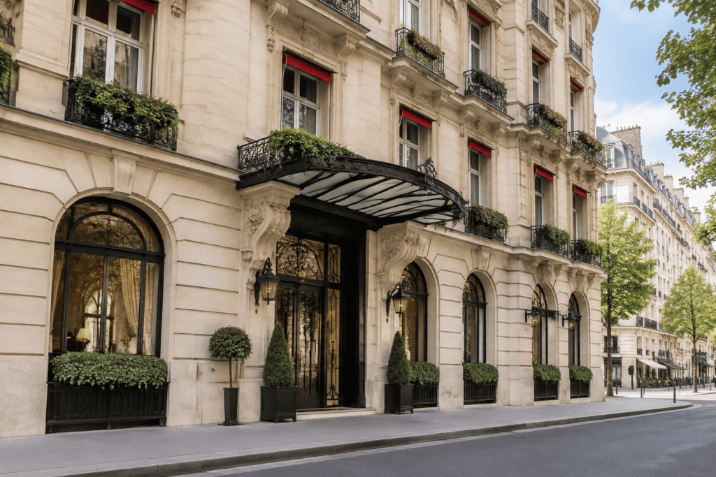 Façade en pierre claire d’un hôtel parisien, avec une entrée couverte, des fenêtres et des jardinières.