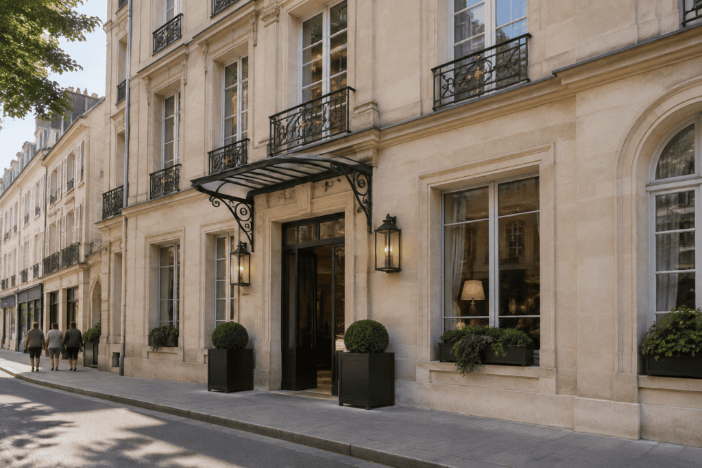 Façade claire à plusieurs étages, avec fenêtres, balcons en fer forgé, marquise et entrée encadrée de lanternes.