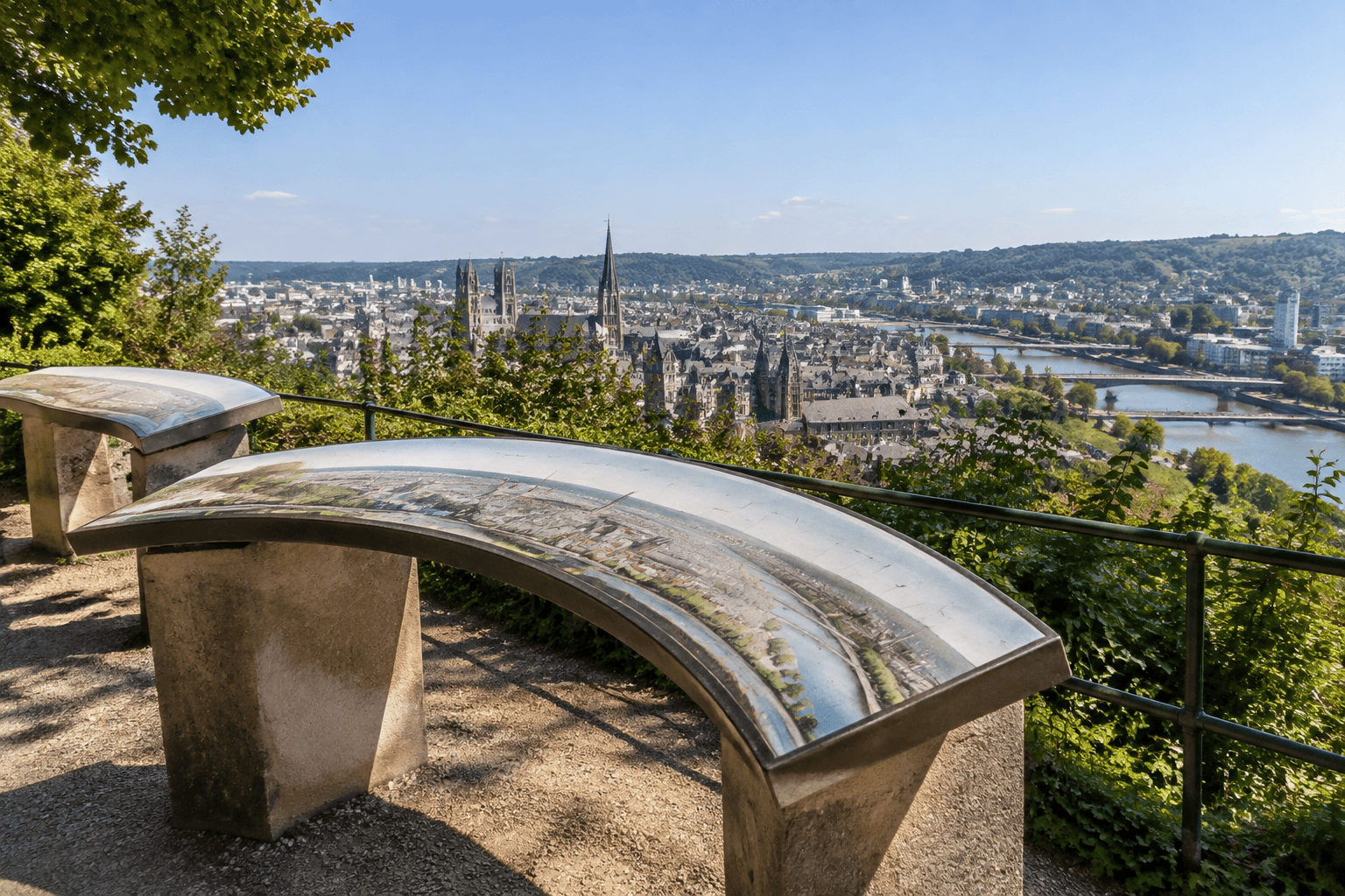 Tables d’orientation au premier plan, avec les toits, les clochers et la Seine à Rouen en arrière-plan.