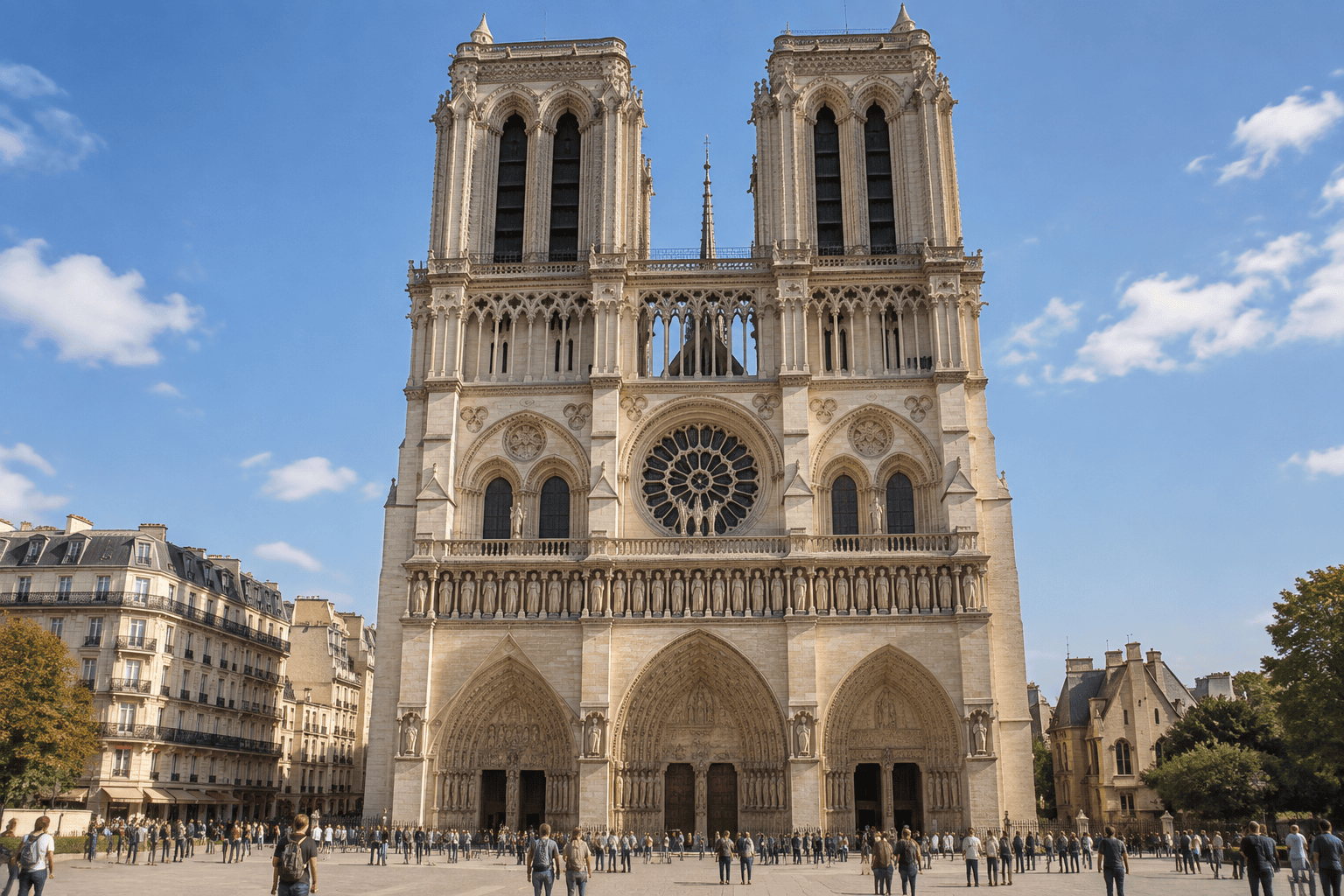 La façade occidentale de Notre-Dame, avec ses deux tours, sa rosace et ses portails sculptés.